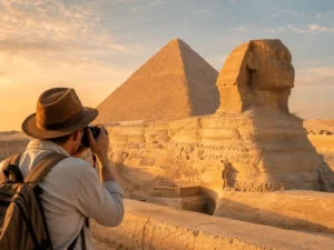 traveler photographing the Sphinx with the Great Pyramid behind, early morning light.