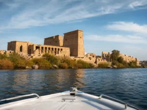 Temple of Philae seen from a motorboat approaching across the water.