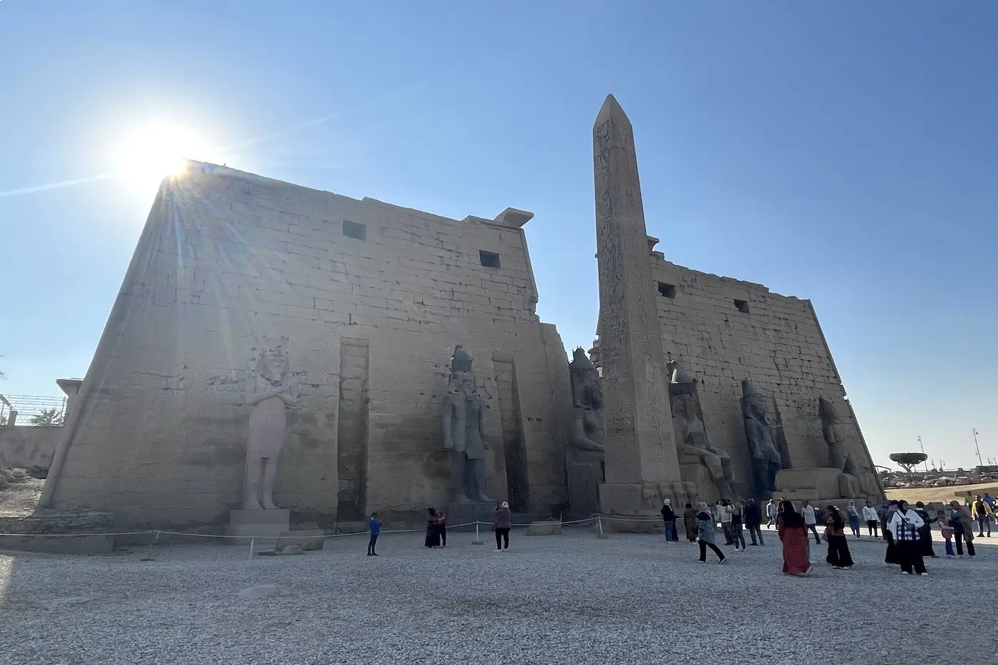 Luxor Temple colonnade lit in the evening on a private Egypt tour