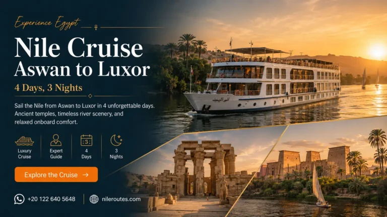Nile cruise ship sailing from Aswan to Luxor during a 4-day, 3-night journey along the river in Egypt